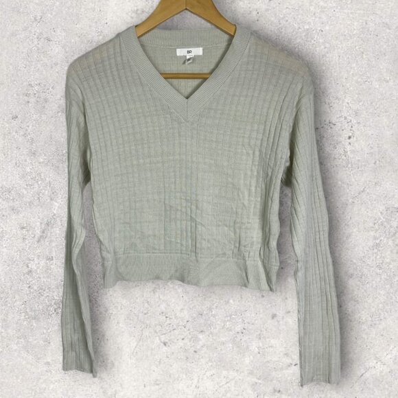 NEW Nordstorm BP Ribbed Crop Sweater Grey Size Large V-Neck Knit Made in USA L - Picture 4 of 11
